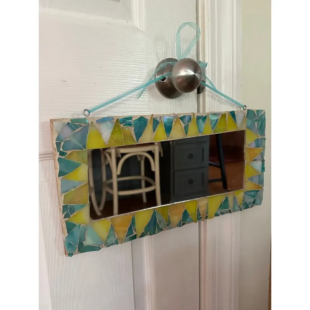 2 Vintage MOSAIC MIRRORS swell colors handmade bohemian green yellow 16x8”,8x6”